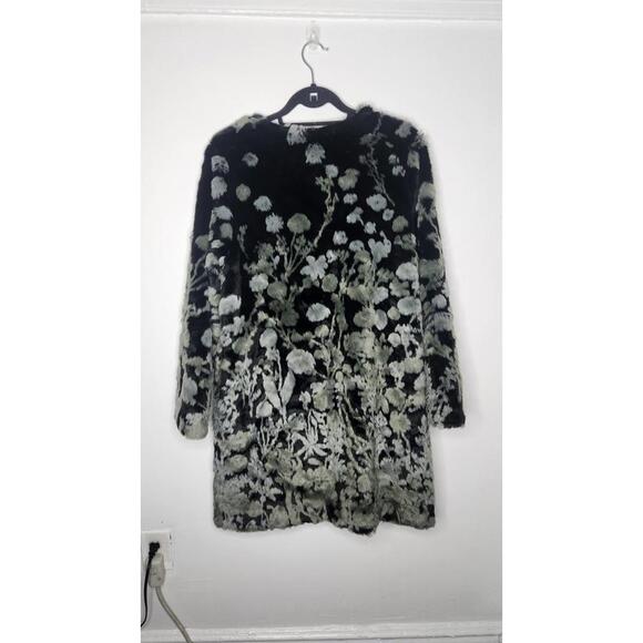 Donna Salyers Fabulous Furs Coat Womens Medium Black Green Faux Fur Floral Lined - Picture 6 of 7